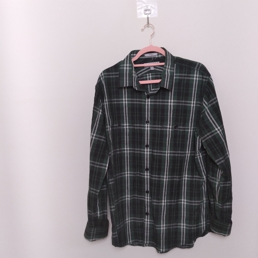 Express Green & Black Plaid 100% Cotton Fitted Button Down Shirt Size XL